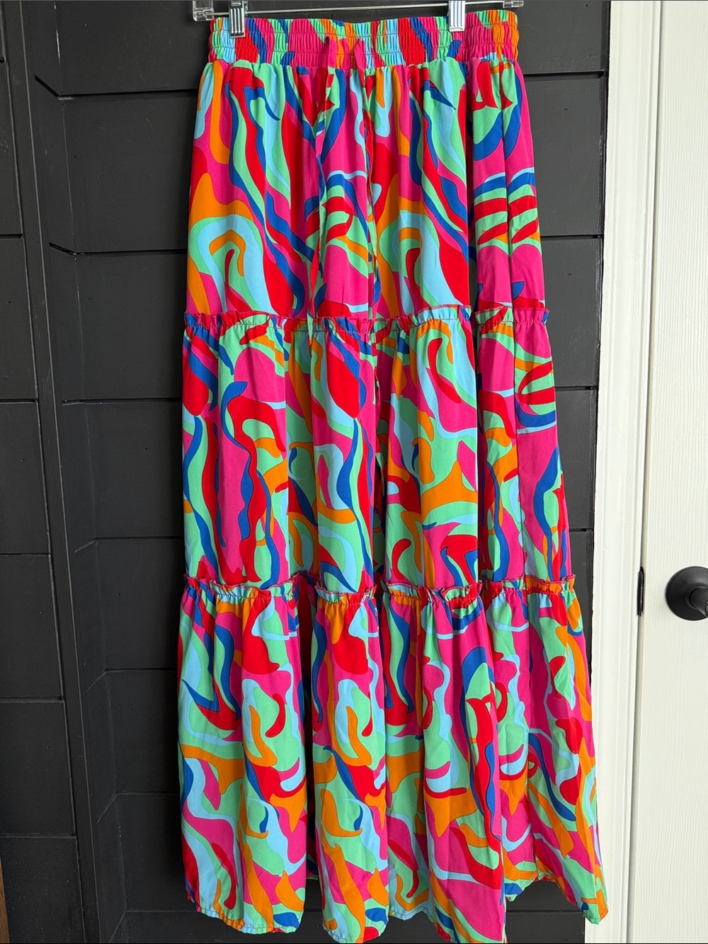 Boho A Line Vibrant Multi-Color Tiered Maxi Skirt w/Pockets
